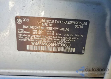 2015 BMW 335 I z USA, uszkodzony, nr VIN WBA3A9G56FNT09660